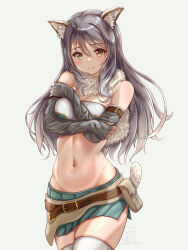  absurdres animal_ear_fluff animal_ears bandeau bare_shoulders belt belt_pouch black_gloves black_hair blush breasts brown_belt capelet closed_mouth commentary cowboy_shot elbow_gloves female fur_capelet gloves gradient_hair green_skirt groin hair_between_eyes highres long_hair looking_at_viewer maoo-san medium_breasts midriff multicolored_hair navel pouch princess_connect! shiori_(princess_connect!) sidelocks simple_background skindentation skirt solo standing striped_tail tail thighhighs tiger_ears tiger_girl tiger_tail white_background white_bandeau white_thighhighs yellow_eyes zettai_ryouiki 