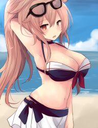  absurdres adapted_costume alternate_hairstyle beach bikini bikini_skirt black_bikini black_choker blue_sky breasts brown_eyes choker cloud day dress eyewear_on_head female front-tie_bikini_top front-tie_top hair_flaps heterochromia highres hirune_(konekonelkk) horizon kantai_collection large_breasts light_brown_hair murasame_(kancolle) murasame_(swimsuit)_(kancolle) murasame_kai_ni_(kancolle) ocean outdoors pleated_dress ponytail red_hair sailor_bikini sailor_collar skirt sky solo sunglasses swimsuit white_skirt 