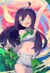  ahoge arm_up armpits bare_shoulders blush breasts collar cowboy_shot crop_top cropped_shirt detached_collar female floating_hair green_eyes green_sash green_scrunchie green_skirt grey_collar grey_shirt grey_shorts hair_between_eyes highres holding holding_microphone idolmaster idolmaster_million_live! idolmaster_million_live!_theater_days long_hair looking_at_viewer microphone midriff mochizuki_anna multicolored_background navel one_eye_closed open_mouth overskirt purple_hair sash scrunchie shirt shorts skirt sleeveless sleeveless_shirt small_breasts smile solo standing star_(symbol) v-shaped_eyebrows wrist_scrunchie yoshika_(music480069) 