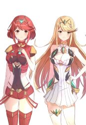  2girls bare_shoulders blonde_hair breasts chest_jewel cleavage cleavage_cutout closed_mouth clothing_cutout covered_navel dress highres large_breasts long_hair looking_at_viewer multiple_girls mythra_(xenoblade) pyra_(xenoblade) red_eyes red_hair red_shorts short_hair short_shorts shorts sleeveless sleeveless_dress swept_bangs tai56839808 white_background white_dress xenoblade_chronicles_(series) xenoblade_chronicles_2 yellow_eyes 