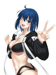  absurdres ass bikini black_bikini black_jacket blue_eyes blue_hair blue_notuki blush breasts c.i.e.l_(fate) c.i.e.l_(first_ascension)_(fate) ciel_(tsukihime) cropped_jacket cross cross_necklace fate/grand_order fate_(series) happy highres jacket jewelry latin_cross medium_breasts navel necklace open_mouth short_hair simple_background smile swimsuit thigh_strap tsukihime tsukihime_(remake) v white_background 