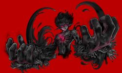  1boy absurdres black_hair black_sclera black_skin closed_mouth colored_sclera colored_skin commentary demon_boy dungeon_and_fighter extra_hands floating_hair hair_between_eyes highres long_bangs looking_at_viewer male_focus monster_boy navel pink_eyes pink_gemstone pointy_ears red_background short_hair simple_background smile solo the_root_of_abyss third_eye upper_body xoo_(user_xzpt5477) 