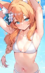  alternate_costume animal_ear_fluff animal_ears armpits arms_behind_head arms_up bare_arms bikini blue_archive blue_eyes blush braid breasts cat_ears cleavage closed_mouth collarbone commentary_request day female flower hair_between_eyes hair_flower hair_ornament halo highres long_hair looking_at_viewer mari_(blue_archive) navel orange_hair outdoors pinki_o64 presenting_armpit small_breasts solo stomach sweat swimsuit white_bikini white_flower yellow_halo 