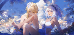  2girls absurdres air_bubble alternate_costume bare_shoulders bikini blonde_hair blue_hairband blue_sky bubble chestnut_mouth closed_mouth cloud cloudy_sky genshin_impact hair_between_eyes hairband highres holding_another&#039;s_leg long_hair lumine_(genshin_impact) mualani_(genshin_impact) multiple_girls outdoors parted_lips ponytail red_eyes short_hair_with_long_locks sky smile swimsuit swkl:d symbol-shaped_pupils teeth upper_teeth_only water white_bikini white_hair yellow_eyes 