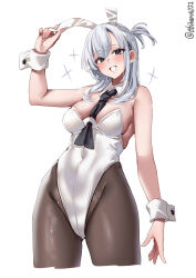  animal_ears arm_up artist_name ass_visible_through_thighs bare_shoulders between_breasts black_pantyhose blush breasts covered_navel cropped_legs curtained_hair ebifurya fake_animal_ears female grey_eyes grey_hair groin hair_between_eyes highleg highleg_leotard highres kantai_collection large_breasts leotard long_hair looking_at_viewer necktie necktie_between_breasts one-hour_drawing_challenge one_side_up pantyhose parted_lips playboy_bunny rabbit_ears sidelocks simple_background skindentation smile solo sparkle square-end_necktie strapless strapless_leotard suzutsuki_(kancolle) thighs twitter_username white_background white_leotard white_necktie wrist_cuffs 