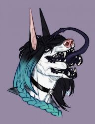  2019 anthro black_collar black_hair blue_hair blue_tongue body_horror braided_hair canid collar dated fangs female forked_tongue grey_body hair hi_res mammal multi_jaw narrowed_eyes open_mouth pink_inner_ear pink_nose riorix signature solo teeth tongue tongue_out white_body white_eyes 