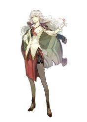  absurdres atelier_(series) atelier_escha_&amp;_logy earrings expressionless female full_body gloves green_eyes hand_on_own_hip hidari_(left_side) highres jacket jacket_on_shoulders jewelry long_hair necktie official_art pantyhose photoshop_(medium) red_necktie red_skirt shirt shoes skirt solo standing tachi-e threia_hazelgrimm white_background white_gloves white_hair white_shirt 