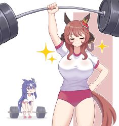  2girls absurdres alternate_costume anger_vein animal_ears arm_up blue_hair blush breasts buruma closed_eyes closed_mouth dark_blue_hair dumbbell gentildonna_(umamusume) gym_uniform hair_between_eyes hair_ornament highres horse_ears horse_girl horse_tail kuroguy large_breasts long_hair looking_at_viewer multiple_girls smile tail thighs umamusume verxina_(umamusume) 