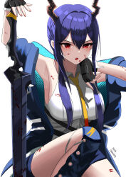  absurdres arknights armpits artist_name black_gloves blood blood_on_arm blood_on_clothes blood_on_face blood_on_leg blue_hair blue_jacket blue_shorts breasts ch&#039;en_(arknights) dragon_girl dragon_horns female fingerless_gloves gloves hair_between_eyes highres holding holding_sword holding_weapon horns jacket large_breasts long_hair open_mouth red_eyes s_redbutterfly shirt short_shorts shorts solo sword thighs weapon white_shirt 