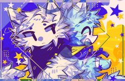  14:9 2024 ^_^ anthro biped black_eyes blue_body blue_fur blue_scarf bodily_fluids closed_eyes countershade_fur countershading domestic_cat duo expressionless felid feline felis fur kemono male mammal poiuushho scarf smile sweat sweatdrop white_body white_countershading white_fur 