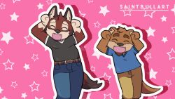  16:9 animated anthro belt canid canine canis caramelldansen chase_hunter dancing duo echo_(game) echo_(series) echo_project khaki_shorts leo_alvarez male male/male mammal meme mustelid otter red_wolf saintbullart short_playtime smile widescreen wolf 