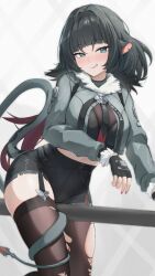  :q animal_ears bad_id bad_pixiv_id black_garter_straps black_gloves black_hair black_necktie black_pantyhose black_shirt black_shorts black_thighhighs blush breasts cleavage commentary crop_top female fingerless_gloves fur-trimmed_jacket fur_trim garter_straps gloves gradient_hair green_eyes green_jacket hand_up high-waist_shorts highres jacket jane_doe_(zenless_zone_zero) large_breasts looking_at_viewer midriff mouse_ears mouse_girl mouse_tail multicolored_hair nail_polish necktie night_known pantyhose pantyhose_under_shorts red_hair red_nails red_necktie revision shirt shorts sidelocks single_garter_strap single_leg_pantyhose single_thighhigh solo tail thighhighs tongue tongue_out torn_clothes torn_pantyhose torn_thighhighs two-tone_necktie zenless_zone_zero 