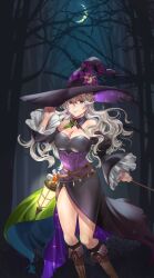  bavaa black_dress breasts cleavage corrin_(female)_(fire_emblem) corrin_(female)_(halloween)_(fire_emblem) corrin_(fire_emblem) crescent crescent_hat_ornament crossed_belts dress earrings female fire_emblem fire_emblem_fates fire_emblem_heroes green_sash grey_hair halloween halloween_costume hat hat_ornament highres jewelry lantern large_breasts long_hair looking_at_viewer off-shoulder_dress off_shoulder official_alternate_costume pointy_ears red_eyes sash smile witch witch_hat 