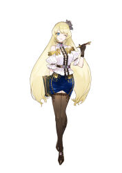  absurdres atelier_(series) atelier_lydie_&amp;_suelle bare_shoulders belt blonde_hair blue_eyes book female full_body gem gloves high_heels highres long_hair mireille_ferrier_adalet noco_(adamas) official_art one_eye_closed pencil simple_background solo standing thighhighs very_long_hair white_background 