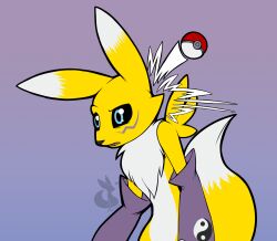  ambiguous_gender anthro bandai_namco canid canine digimon digimon_(species) digital_media_(artwork) genitals hi_res mammal mancoin nintendo pokeball pokemon renamon simple_background solo white_body yellow_body 