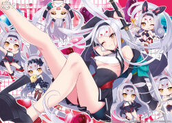  absurdres animal_ears arm_up azur_lane bare_shoulders black_footwear black_hairband black_jacket black_skirt breast_curtains breasts chibi closed_mouth commentary_request eyeshadow female hairband hakazenanato high-waist_skirt highres holding holding_sword holding_weapon jacket katana knee_up leg_up long_hair looking_at_viewer makeup medium_breasts multiple_views off_shoulder official_art one_eye_closed open_clothes open_jacket open_mouth rabbit_ears rabbit_girl red_eyeshadow rudder_footwear second-party_source shimakaze_(azur_lane) shimakaze_(the_island_wind_rests)_(azur_lane) shimakaze_(the_white_rabbit_of_wonderland)_(azur_lane) shimakaze_(world&#039;s_speediest_bunny_waitress)_(azur_lane) skirt sword thighs underboob weapon yellow_eyes 