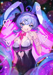  ahoge animal_ears black_leotard blue_eyes blue_hair blurry bokeh clothing_cutout cuffs depth_of_field dot_nose eyelashes fake_tail female handcuffs hatsune_miku heart heart-shaped_pupils heart_cutout highres kozou_kazaru leotard long_hair looking_at_viewer playboy_bunny rabbit_ears rabbit_hole_(vocaloid) solo sparkle symbol-shaped_pupils tail teardrop_facial_mark tongue twintails very_long_hair vocaloid 