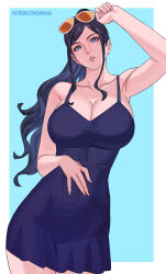  armpits bare_arms bare_shoulders black_hair blue_background blue_dress blue_eyes border bra_strap breasts cleavage collarbone cowboy_shot dress earrings eyewear_on_head female highres holding holding_removed_eyewear jewelry large_breasts lips long_hair looking_at_viewer nico_robin official_alternate_costume official_alternate_hairstyle one_piece orange-tinted_eyewear outside_border paid_reward_available parted_lips patreon_username pink_lips short_dress sidelocks solo spaghetti_strap stud_earrings sunglasses swept_bangs tinted_eyewear unworn_eyewear uukkaa white_border 