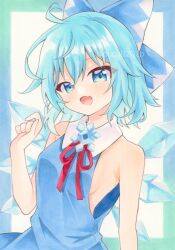  :d ahoge bare_arms bare_shoulders blue_bow blue_dress blue_eyes blue_hair bow breasts cirno collared_dress crystal_wings dress eyes_visible_through_hair female hair_between_eyes hairbow hand_up hashtag-only_commentary highres light_blush looking_at_viewer medium_breasts medium_hair neck_ribbon oerba_yun_fang open_mouth red_ribbon ribbon sideboob skin_fang sleeveless sleeveless_dress smile solo touhou twitter_username upper_body watermark wings yuiki_(cube) 