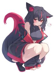  ... absurdres ahoge animal_ear_fluff animal_ears arms_between_legs black_footwear black_hair black_jacket black_shirt blush braid breasts commentary_request crop_top deaver earrings female fox_ears fox_girl fox_tail hair_between_eyes heart highres hololive jacket jewelry kurokami_fubuki long_hair looking_at_viewer medium_breasts multicolored_hair open_clothes open_jacket pentagram red_eyes red_hair shirt sidelocks simple_background single_braid solo spoken_heart squatting streaked_hair tail thigh_strap virtual_youtuber white_background 