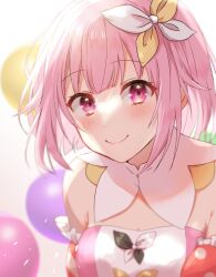  bare_shoulders blurry blurry_background blush bow breasts cleavage detached_collar detached_sleeves female hairbow krtt_01213 looking_at_viewer medium_breasts ootori_emu pink_eyes pink_hair project_sekai ribbon short_hair simple_background smile upper_body 