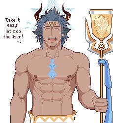  1boy abs animal_ears askr_(fire_emblem) catnipsmoker_(hakino) cow_boy cow_ears cow_horns dark-skinned_male dark_skin fire_emblem fire_emblem_heroes highres holding holding_staff horns muscular muscular_male pectorals staff 