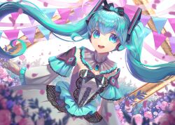  :d aqua_eyes aqua_hair banner black_bow bow breasts detached_sleeves dress female flower frilled_dress frills hairbow hatsune_miku headphones highres kozou_kazaru large_breasts looking_at_viewer petals picture_frame pink_flower pink_petals purple_flower rose smile solo teeth tongue twintails upper_teeth_only vocaloid white_background white_dress white_flower white_sleeves 