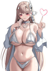  absurdres bare_shoulders belt_collar bikini breasts collar collarbone cowboy_shot female goddess_of_victory:_nikke hair_ornament heart highres holding holding_phone large_breasts light_brown_hair long_hair navel official_alternate_costume open_clothes open_shirt phone red_eyes s_redbutterfly shirt solo stomach swimsuit thighs very_long_hair viper_(nikke) viper_(shine_of_love)_(nikke) white_background white_bikini white_nails white_shirt 