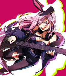  animal_ears black_choker black_hair black_jacket black_pantyhose black_shorts black_tube_top breasts choker ddolbang fake_animal_ears female guitar hair_over_one_eye headphones headphones_around_neck highres holding holding_guitar holding_instrument hololive hololive_english instrument jacket large_breasts looking_at_viewer mori_calliope mori_calliope_(9th_costume) multicolored_hair nail_polish official_alternate_costume open_mouth pantyhose pink_hair purple_nails red_eyes shorts smile solo strapless streaked_hair torn_clothes torn_pantyhose tube_top virtual_youtuber 