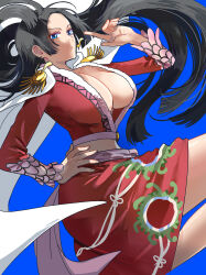  black_hair blue_background blue_eyes boa_hancock breasts cape cleavage commentary_request crop_top earrings epaulettes female floating_hair hand_on_own_hip highres jewelry long_hair long_sleeves nin32zawa151 one_piece plunging_neckline red_shirt red_skirt shirt simple_background skirt snake_earrings solo white_cape 