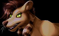  anthro black_background brown_hair brown_nose cheek_tuft eyelashes facial_tuft fangs female fur green_eyes hair hi_res imperatorcaesar looking_at_viewer open_mouth orange_body orange_fur pupils red_tongue side_view simple_background solo species_request teeth tongue tuft whiskers white_pupils yellow_sclera 