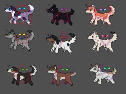  adoptable adopts ambiguous_gender anthro brown_body canid canine canis domestic_dog feral green_eyes grey_body group hi_res hrozney mammal red_eyes white_body wolf 