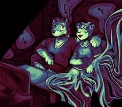  abstract_background anthro canid canine canis chase_hunter clock digital_media_(artwork) digital_painting_(artwork) duo echo_(game) echo_(series) echo_project electronics hi_res horror_(theme) leo_alvarez male male/male mammal melting melting_limbs mustelid olifawn otter television wolf 