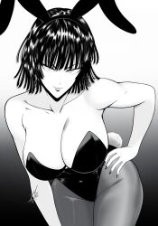  absurdres animal_ears artist_name bare_shoulders breasts cleavage closed_mouth collarbone commentary fake_animal_ears fake_tail female fingernails fubuki_(one-punch_man) gradient_background greyscale highleg highleg_leotard highres large_breasts leaning_forward leotard lips looking_at_viewer monochrome mostlybluewyatt nail_polish one-punch_man pantyhose rabbit_ears rabbit_tail short_hair signature simple_background smile solo strapless strapless_leotard tail 