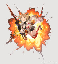  armband black_footwear black_gloves black_leotard blonde_hair blue_eyes breasts coat commentary commentary_request d: explosion female full_body gas_mask girls&#039;_frontline gloves grey_background gun hera_arms_vrb highres holding holding_gun holding_weapon hood hood_down hooded_coat kawaguchi_(mojacome) leotard long_sleeves mask medium_breasts midair multicolored_clothes multicolored_footwear multicolored_gloves official_art open_mouth parted_bangs pouch red_thighhighs rifle short_hair short_twintails simple_background solo sticker tears thighhighs torn_clothes torn_coat torn_leotard torn_thighhighs twintails two-sided_gloves vrb_(girls&#039;_frontline) weapon white_coat white_footwear white_gloves wide-eyed 