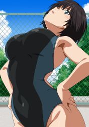  absurdres alternate_breast_size amagami arched_back back_cutout black_eyes black_hair black_one-piece_swimsuit blue_one-piece_swimsuit breasts chain-link_fence clothing_cutout competition_swimsuit covered_navel day female fence hands_on_own_hips highleg highleg_one-piece_swimsuit highres large_breasts looking_up nanasaki_ai one-piece_swimsuit open_mouth outdoors short_hair solo stretching swimsuit two-tone_swimsuit yuuyuu_(3jjbn) 