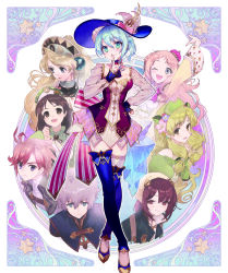  2boys 6+girls absurdres arched_crown art_nouveau atelier_(series) atelier_ayesha atelier_iris_eternal_mana atelier_marie atelier_meruru atelier_sophie atelier_viorate ayesha_altugle blonde_hair blue_eyes blue_hair brown_hair collage finger_to_mouth full_body grey_hair hat highres in-franchise_crossover key_visual klein_kiesling long_hair long_sleeves mana_khemia mana_khemia_(series) marie_(atelier) merurulince_rede_arls multiple_boys multiple_girls nelke_to_densetsu_no_renkinjutsushi_tachi nelke_von_luchetam noco_(adamas) official_art one_eye_closed pink_hair promotional_art purple_eyes red_crown second-party_source short_hair shushing side_ponytail sophie_neuenmuller tilted_headwear vayne_aurelius viorate_platane 