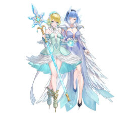  2girls absurdres bare_legs bare_shoulders blonde_hair blue_eyes blue_hair breasts cape cleavage covered_navel earrings feather_cape feather_trim fire_emblem fire_emblem_heroes fjorm_(fire_emblem) fjorm_(ice_tribe)_(fire_emblem) full_body gradient_hair highres holding holding_polearm holding_weapon ice_horns ice_skates jewelry kousei_horiguchi lance large_breasts looking_at_viewer medium_breasts multicolored_hair multiple_girls nifl_(fire_emblem) nifl_(ice_tribe)_(fire_emblem) official_alternate_costume official_art polearm short_hair skates small_breasts smile tachi-e tiara transparent_background weapon white_cape 