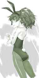  alternate_hairstyle animal_ears ass bare_shoulders blush breasts clenched_teeth commentary_request crossed_arms fake_animal_ears female from_behind from_side green_eyes green_hair hand_on_own_chest highres hiyajou_maho leotard long_hair looking_at_viewer looking_back menomorute monochrome pantyhose playboy_bunny rabbit_ears rabbit_tail small_breasts solo standing steins;gate steins;gate_0 strapless strapless_leotard tail teeth thighs wrist_cuffs 