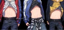  3boys abs arms_at_sides belt black_shirt buster_bros!!! clothes_around_waist clothes_lift denim flannel groin head_out_of_frame hood hoodie hypnosis_mic jacket jacket_over_hoodie jeans kota_uro letterman_jacket multiple_boys navel open_clothes open_jacket pants shirt shirt_around_waist shirt_lift sukajan torso_only v-neck white_hoodie yamada_ichiro yamada_jiro yamada_saburo yellow_hoodie 