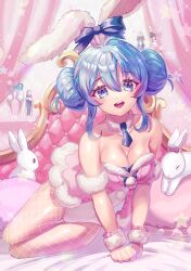  :d animal_ears antenna_hair arm_cuffs bicute_bunnies_miku blue_bow blue_eyes blue_hair blue_necktie bottle bow chinese_zodiac collar crescent curtains detached_collar dot_nose double_bun female fishnet_pantyhose fishnets frilled_pillow frills fur-trimmed_leotard fur_collar fur_trim hair_between_eyes hair_bun hatsune_miku heart heart-shaped_pillow highres kozou_kazaru leotard looking_at_viewer necktie pantyhose pillow pink_leotard playboy_bunny pom_pom_(clothes) rabbit rabbit_ears smile solo star_(symbol) teeth tongue upper_teeth_only vocaloid white_collar white_pantyhose year_of_the_rabbit 