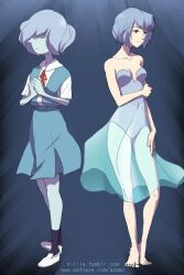  2girls arm_at_side artist_name ayanami_rei ayanami_rei_(cosplay) bare_shoulders barefoot black_socks blue_background blue_hair blue_leotard blue_pearl_(steven_universe) blue_pearl_(steven_universe)_(cosplay) blue_skin blue_skirt bow bowtie breasts collarbone collared_shirt colored_skin commentary cosplay costume_switch covered_navel crossover dress_shirt english_commentary expressionless full_body hair_over_eyes hand_on_own_arm hand_on_own_thigh leotard loafers looking_afar looking_to_the_side medium_breasts multiple_girls neck_ribbon neon_genesis_evangelion nillia nose own_hands_together paid_reward_available patreon_username plunging_neckline pointy_nose red_bow red_bowtie red_ribbon ribbon school_uniform see-through see-through_skirt shirt shoes short_hair side-by-side skirt small_breasts socks standing steven_universe strapless strapless_leotard suspender_skirt suspenders toes tokyo-3_middle_school_uniform tumblr_username w_arms web_address white_footwear white_shirt 