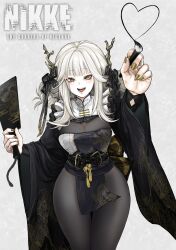  absurdres black_bodysuit black_bow black_kimono blanc_(nikke) blanc_(white_rabbit)_(nikke) blunt_bangs blush bodystocking bodysuit bow breasts cleavage commentary copyright_name cowboy_shot egasumi female goddess_of_victory:_nikke grey_background grey_horns hairbow heart highres holding holding_paddle holding_paintbrush horns ink japanese_clothes kimono large_breasts long_hair looking_at_viewer medium_bangs open_clothes open_kimono open_mouth paddle paintbrush pelvic_curtain see-through see-through_cleavage sidelocks smile solo very_long_hair white_hair wide_sleeves xoo_(user_xzpt5477) yellow_eyes 