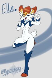  2021 5_fingers anthro artist_name blue_text breasts cinderace digital_media_(artwork) ellie_(latiar) english_text eyelashes featureless_breasts featureless_crotch female fingers fur generation_8_pokemon gesture hand_gesture hi_res lagomorph latiar leporid lips mammal name_drop nintendo number on_one_leg one_eye_closed open_mouth open_smile pokemon pokemon_(species) pose pupils rabbit smile solo standing tail teeth text tongue v_sign white_body white_pupils white_sclera yellow_eyes 