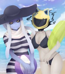  2girls absurdres animal_helmet ball beach beachball bikini black_bikini black_hat black_sclera blue_skin breasts celty_sturluson colored_sclera colored_skin commentary_request crossover dullahan durarara!! hat helmet highres holding holding_ball holding_beachball horizontal-striped_swimwear lala_(monster_musume) large_breasts litdeath looking_at_viewer monster_musume_no_iru_nichijou motorcycle_helmet multiple_girls navel outdoors scarf side-tie_bikini_bottom sidelocks sun_hat swimsuit white_scarf yellow_eyes yellow_helmet yellow_innertube 