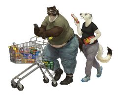  2024 anthro belly belt bottomwear brown_body brown_fur cellphone cettus clothed clothing denim denim_bottomwear denim_clothing dialogue duo electronics female food footwear fully_clothed fur groceries gulonine hi_res hilde_albrecht holding_food holding_object holding_phone jeans mammal maren_sommer mustelid musteline overweight overweight_anthro overweight_female pants phone shirt shoes shopping shopping_cart simple_background size_difference slightly_chubby slightly_chubby_anthro slightly_chubby_female smartphone stoat tail topwear torn_bottomwear torn_clothing torn_jeans torn_pants true_musteline walking weasel white_background white_body white_fur wolverine 