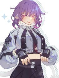  :p black_gloves cosplay crop_top female fingerless_gloves gloves grey_jacket highres honkai:_star_rail honkai_(series) jacket jane_doe_(zenless_zone_zero) jane_doe_(zenless_zone_zero)_(cosplay) kafka_(honkai:_star_rail) long_sleeves looking_at_viewer midriff mihoyo purple_eyes purple_hair short_hair smile solo soufflebune tongue tongue_out upper_body zenless_zone_zero 