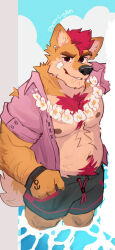  2024 anthro biped brown_eyes canid canine canis clothed clothing flower_necklace fur hair hi_res jacket looking_at_viewer male mammal muscular muscular_anthro muscular_male open_clothing open_jacket open_topwear overcyan red_hair solo standing topwear wolf yellow_body yellow_fur 