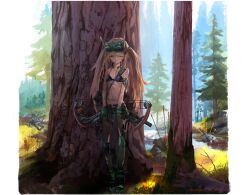  6+others absurdres arrow_(projectile) artist_name assault_rifle bandaged_arm bandages beamcon blonde_hair blood boots bow_(weapon) bra breasts canine combat_boots compound_bow corpse cuts day english_commentary facing_viewer female forest full_body girls&#039;_frontline gloves grass gun hair_ornament half-closed_eyes hiding highres injury knee_pads long_hair military moss multiple_others nature navel no_shirt outdoors pantyhose red_eyes rifle shorts single_knee_pad skinny small_breasts solo_focus standing stomach stream sunlight torn_clothes torn_pantyhose tree twintails ump9_(girls&#039;_frontline) underboob underwear very_long_hair water weapon 