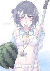  :d arknights bikini black_eyes black_hair blue_background blue_jacket blush breasts character_name cleavage english_text feather_hair food frilled_bikini frills fruit goggles goggles_around_neck gradient_background hair_bun hair_intakes hair_ornament hairclip highres holding holding_scythe holding_watermelon id_card infection_monitor_(arknights) jacket jacket_on_shoulders jacket_over_swimsuit la_pluma_(arknights) la_pluma_(summer_flowers)_(arknights) lanyard looking_at_viewer medium_breasts official_alternate_costume open_mouth scythe side-tie_bikini_bottom single_side_bun smile straight-on swimsuit tkugane watermelon whistle whistle_around_neck white_background white_bikini wing_hair_ornament 